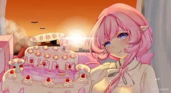 1girl absurdres birthday_cake blue_eyes breasts cake cake_decoration chinese_commentary commentary_request elf elysia_(honkai_impact) food highres honkai_(series) honkai_impact_3rd large_breasts looking_at_viewer miyoushe_watermark orange_sky pink_hair pointy_ears qing_ying_jiang shirt sky smile solo sunset translation_request watermark white_shirt