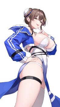 1girl absurdres anri_(user_ncce8585) blue_jacket braid braided_bun breasts brown_hair chaos_zero_nightmare cleavage commentary_request covered_navel cropped_jacket dress finger_to_mouth from_below from_side gradient_clothes hair_between_eyes hair_bun hand_on_own_hip hand_up highres jacket large_breasts long_sleeves looking_ahead mole mole_on_breast mole_on_thigh mole_under_mouth panties panty_straps pelvic_curtain piercing short_hair short_hair_with_long_locks sideboob sidelocks simple_background single_thighhigh solo standing strap strapless strapless_dress thigh_strap thighhighs thighs tongue tongue_out tongue_piercing undersized_breast_cup underwear white_background white_dress white_panties white_thighhighs white_trim yellow_eyes yuki_(chaos_zero_nightmare)