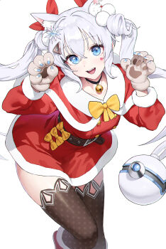 1girl absurdres animal_ear_fluff animal_ears animal_hands ball bell belt belt_buckle black_thighhighs blue_eyes blue_nails blush bow bowtie breasts brown_belt buckle buttons cat_ears collar crossed_bangs double-breasted dress facial_mark fingerless_gloves from_above gloves goddess_of_victory:_nikke hair_between_eyes hair_ornament hair_ribbon hands_up happy heart highres looking_at_viewer migu_(iws2525) n102_(miracle_fairy)_(nikke) n102_(nikke) neck_bell open_mouth paw_gloves paw_pose red_dress red_ribbon red_shoes ribbon santa_costume shoes sidelocks small_breasts snowflake_hair_ornament solo standing thighhighs twintails white_background white_hair yellow_bow yellow_bowtie