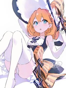 1girl :o anpon_aji bare_shoulders blonde_hair blue_eyes blush bow breasts dress elbow_gloves gloves hair_between_eyes hand_on_headwear hat hat_bow looking_at_viewer medium_hair no_shoes open_mouth orange_bow orange_hair panties pantyshot petra_leyte re:zero_kara_hajimeru_isekai_seikatsu signature sitting sleeveless small_breasts solo thighhighs underwear white_background white_gloves white_panties white_thighhighs witch_hat