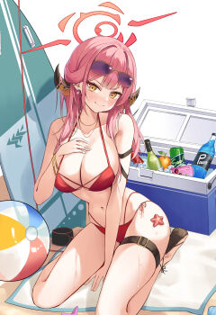 1girl absurdres arm_strap aru_(blue_archive) ball bangle beachball bikini blue_archive blush bottle bracelet breasts can cleavage collarbone commentary commentary_request cooler demon_horns drink_can earrings english_commentary eyewear_on_head food fruit halo highres horns ice jewelry kimae korean_commentary large_breasts looking_at_viewer medium_hair navel necklace orange_(fruit) pink_hair planted planted_surfboard red_bikini red_halo seiza side-tie_bikini_bottom simple_background sitting solo starfish sunglasses surfboard sweat swimsuit thigh_strap white_background yellow_eyes