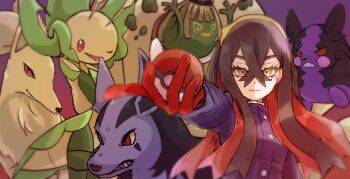 1girl antennae black_fur black_hair blue_jacket carmine_(pokemon) colored_sclera commentary_request crossed_bangs eyelashes fangs fox gen_1_pokemon gen_3_pokemon gen_5_pokemon gen_8_pokemon gloves grey_fur hair_between_eyes hairband highres holding holding_poke_ball jacket leavanny long_hair long_sleeves looking_at_viewer mightyena mole mole_under_eye morpeko morpeko_(hangry) multicolored_hair ninetales nintendo one_eye_closed poke_ball pokemon pokemon_(creature) pokemon_sv pokemon_team purple_background red_eyes red_gloves red_hair simple_background single_glove sinistcha standing tacho_baby two-tone_hair upper_body wolf yellow_eyes yellow_fur yellow_hairband yellow_sclera