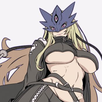 1girl arms_behind_back ayu_(ddestiny944) beelstarmon belt black_belt black_coat black_mask black_pants black_vest blonde_hair blue_mask breasts closed_mouth coat commentary cowboy_shot cropped_vest digimon digimon_(creature) eye_mask groin highres large_breasts leather leather_pants lipstick long_hair looking_at_viewer makeup mask navel open_clothes open_coat pants purple_eyes purple_lips sidelocks simple_background skull_print smile solo standing stomach third_eye tight_clothes tight_pants underboob vest white_background