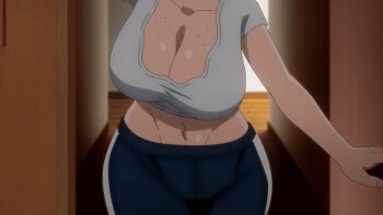 1girl 2025 20s aki_mary animated animated_gif black_hair breasts cleavage curvy doctor door female_focus freckles freckles_on_breasts glasses gym_shorts huge_breasts lips medium_hair no_bra sagging_breasts shorts tagme tall_female thick_eyebrows thick_lips thick_thighs thighs tougen_anki yellow_eyes