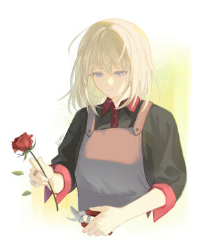 Rule 34 | 1girl, absurdres, apron, bandaid, bandaid on finger, bandaid on hand, bang dream!, bang dream! it's mygo!!!!!, black shirt, blonde hair, chinese commentary, closed mouth, commentary request, flower, gardening, gardening shears, grey overalls, hair between eyes, highres, holding, holding flower, medium hair, misumi uika, omo cccc, overalls, purple eyes, red flower, red rose, rose, shirt, simple background, smile, solo, three-quarter sleeves, upper body, white background