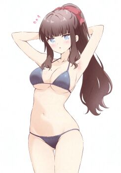 1girl adversarial_noise armpits arms_behind_head bare_arms bare_shoulders bikini black_bikini blue_eyes blush breasts brown_hair cleavage collarbone commentary_request gluteal_fold hair_ribbon highres hitorilily long_hair medium_breasts mole mole_on_breast navel new_game! open_mouth ponytail red_ribbon ribbon sideboob simple_background solo stomach swimsuit takimoto_hifumi thighs underboob white_background wide_hips