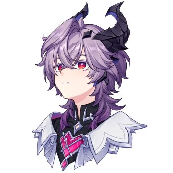 Rule 34 | 1boy, bad source, baihua er, dragon horns, genshin impact, hair between eyes, horns, long hair, male focus, mini durin (genshin impact), parted lips, portrait, purple hair, red eyes, simple background, solo, upper body, white background