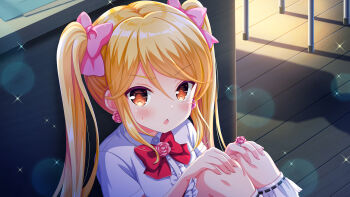 Rule 34 | 1girl, :o, blonde hair, bow, bowtie, earrings, flower, frilled thigh strap, girlfriend (kari), hair bow, hands on own knees, jewelry, long hair, looking at viewer, night, official art, open mouth, outdoors, pink flower, pink rose, plaid clothes, plaid skirt, platform footwear, qp:flapper, red bow, red skirt, ribbon, rose, school uniform, shirt, sitting, skirt, solo, thigh strap, tokitani koruri, twintails, white legwear, white shirt