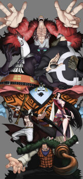 1girl 2009 6+boys abs absurdres amazon_warrior amputee artistic_error ascot bartholomew_kuma beard bible_(object) black_hair blonde_hair blue_skin boa_hancock book breasts brown_hair cape cigar claws cleavage coat colored_skin crocodile_(one_piece) cuffs curly_hair donquixote_doflamingo dracule_mihawk dress earrings english_text engrish_text epic facial_hair fangs foreshortening fur_coat gecko_moria gloves goatee hat highres hook hook_hand horns iridori jacket jacket_on_shoulders jewelry jinbe_(one_piece) knife large_breasts long_hair long_image midriff monster_boy multiple_boys muscular mustache navel one_piece open_clothes open_coat open_jacket pale_skin paw_print pendant pirate pointy_ears purple_hair ranguage scar shackles sharp_teeth short_hair side_slit smile smoking spoilers standing stitches sunglasses sword tall_image teeth tusks vest waistcoat weapon white_skin yoru_(one_piece) yoru_(sword)