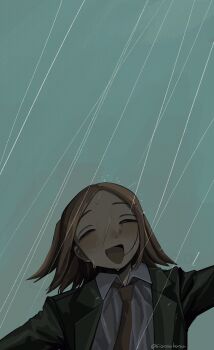 1girl :d absurdres brown_hair closed_eyes collared_shirt highres jacket lapels medium_hair necktie notched_lapels one_side_up open_clothes open_jacket open_mouth original outdoors outstretched_arms rain red_necktie shirt sionsakana smile solo spread_arms twitter_username upper_body wet
