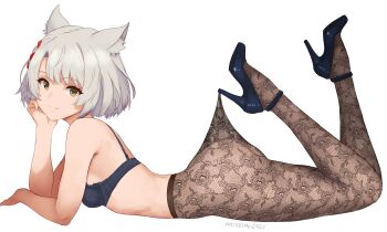animal_ears ass black_bra bra breasts cat_ears commentary grey_hair hand_on_own_cheek hand_on_own_face high_heels highres lace_pantyhose_hooked_on_heel_(meme) looking_at_viewer meme mio_(xenoblade) pantyhose patreon_username small_breasts smile underwear white_background xenoblade_chronicles_(series) xenoblade_chronicles_3 yellow_eyes zelc-face
