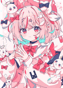 1girl ahoge aramedraw black_bow black_choker blush bow bowtie choker closed_mouth commentary_request hair_ornament hat highres long_sleeves looking_at_viewer nail_polish original pink_background pink_eyes pink_hair pink_hat pink_shirt red_bow red_bowtie red_nails shirt short_hair signature sleeve_bow solo steepled_fingers upper_body wing_hair_ornament