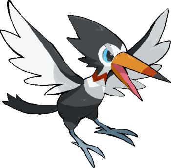 animal_focus bird commentary_request full_body gen_7_pokemon kawaanago lowres nintendo no_humans open_mouth pokemon pokemon_(creature) pokemon_focus solo transparent_background trumbeak