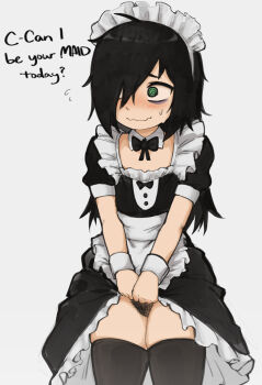 1girl alternate_costume apron bags_under_eyes black_dress black_hair black_thighhighs blush blush_stickers bow bowtie clothes_lift cowboy_shot dress dress_lift english_text enmaided excessive_pubic_hair frilled_apron frilled_dress frills green_eyes hair_over_one_eye hatsu_(hatsumiilkshake) highres kuroki_tomoko lifting_own_clothes loli long_hair looking_to_the_side maid maid_apron maid_day maid_headdress no_panties pubic_hair pussy ringed_eyes solo sweat sweatdrop talking thighhighs watashi_ga_motenai_no_wa_dou_kangaetemo_omaera_ga_warui! wavy_mouth white_apron white_background zettai_ryouiki