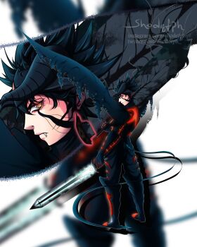 1boy armor armored_boots asta_(black_clover) black_clover black_hair boots close-up demon_boy demon_horns demon_tail demon_wings demonic dual_wielding eye_markings fang full_body headband highres holding horns looking_at_viewer looking_back marking_on_cheek markings spiked_hair sword tail transformation twitter_username watermark weapon white_background wings yellow_eyes