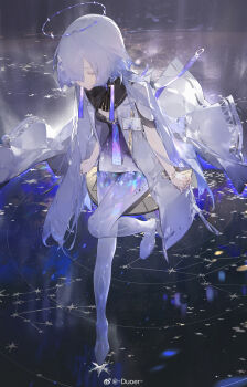 1girl absurdres breasts chinese_commentary closed_eyes commentary_request dlgeria dress grey_hair hair_ornament halo high_heels highres id_card jacket leg_up long_hair mornye_(wuthering_waves) purple_dress see-through_body small_breasts solo tacet_mark_(wuthering_waves) white_jacket wuthering_waves