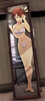 1girl 3d artist_name barefoot brown_eyes brown_hair desk earrings hair_ornament hairclip jewelry mirror mole mole_under_eye navel persona persona_3 persona_3_portable selfie shiomi_kotone solo stealballsrun swimsuit tagme wooden_floor