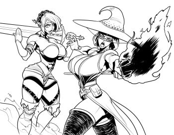 2girls abs absurdres amazon_(company) ass beckoning biceps bracelet breasts dark_elf elf fillia_einhart_(eirgallant) final_fantasy final_fantasy_xiv glasses greyscale groove1121 hat highres huge_breasts jewelry large_breasts magic mature_female monochrome multiple_girls muscular muscular_female original pointy_ears roegadyn short_hair staff sword tattoo thick_thighs thighs tribal_tattoo weapon witch witch_hat