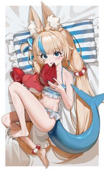1girl absurdres animal_ear_fluff animal_ears barefoot blonde_hair blue_eyes blue_nails blue_streaks blush cat_ears commentary crab fins fish_girl fish_tail from_above highres indie_virtual_youtuber kaniki_(sameko_saba) lifebuoy_hair_ornament long_hair looking_at_viewer multicolored_hair nail_polish navel sameko_saba solo streaked_hair symbol-only_commentary tagua tail toenail_polish toenails twintails very_long_hair virtual_youtuber