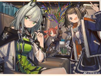 animal_ear_fluff animal_ears arknights armchair bare_shoulders blue_jacket bow breasts bright_pupils brown_eyes brown_hair cat_ears cat_girl chair chinese_commentary closed_mouth commentary_request dress flask fox_ears fox_girl green_dress green_eyes grey_hair hair_between_eyes hair_bow hair_over_one_eye hand_up holding holding_party_popper holding_pen index_finger_raised indoors jacket kal'tsit_(arknights) lanzi_(415460661) long_hair long_sleeves looking_at_viewer material_growth myrrh_(arknights) off-shoulder_dress off-shoulder_jacket off_shoulder official_art open_clothes open_jacket open_mouth oripathy_lesion_(arknights) party_popper pen perfumer_(arknights) ponytail red_hair shelf short_hair sitting smile standing stethoscope_around_neck streamers table watermark weibo_watermark white_pupils
