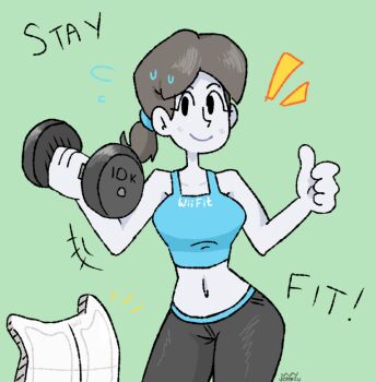 +++ 1girl aqua_background artist_name bare_shoulders black_eyes black_pants blue_shirt breasts closed_mouth clothes_writing colored_skin cowboy_shot crop_top dumbbell english_text exercising flying_sweatdrops green_background grey_hair johnzuu leggings looking_at_viewer medium_breasts midriff navel nintendo notice_lines pants ponytail shirt simple_background smile solo spandex standing sweat sweatdrop tank_top thumbs_up weightlifting weights white_skin wii_balance_board wii_fit wii_fit_trainer_(female)