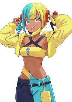 1girl :o bandeau belt black_belt blue_eyes canari_(pokemon) commentary_request cowboy_shot cropped_jacket eyelashes hands_up highres jacket long_sleeves multicolored_hair nail_polish navel nintendo open_clothes open_jacket open_mouth pokemon pokemon_legends:_z-a short_twintails simple_background solo syagare teeth tongue twintails upper_teeth_only white_background yellow_bandeau yellow_jacket zipper zipper_pull_tab