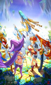 2girls ankle_boots armor ass belt belt_pouch bikini blue_bow blue_flower blue_hair blue_sky boots bow breasts cape commentary_request cross_scar day dragon earrings elf fantasy feet fingerless_gloves fingernails floating_hair flower flying gem gloves green_eyes green_gemstone green_nails hair_bow hand_on_own_hip hat highres holding holding_staff holding_sword holding_weapon huge_weapon jewelry large_breasts lens_flare long_hair long_pointy_ears mage_staff multiple_girls nail_polish ninfnyx no_shoes open_mouth original outdoors panties pauldrons pointy_ears ponytail pouch purple_cape purple_hat purple_nails purple_thighhighs red_belt red_bikini red_boots red_gloves red_hair red_panties scar scar_on_leg short_hair shoulder_armor single_pauldron sky sphere_earrings staff standing stirrup_legwear swimsuit sword thighhighs thong toeless_legwear toes underwear very_long_hair weapon western_dragon witch_hat wizard