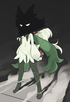 1girl absurdres artist_name breast_curtains breasts full_body furry furry_female glowing glowing_eyes green_fur highres holding meowscarada navel nintendo pokemon pokemon_(creature) small_breasts standing two-tone_fur zinfyu