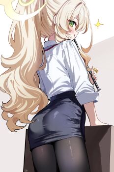 1girl absurdres ass back black_pantyhose black_skirt blonde_hair blue_archive blush breasts collared_shirt green_eyes halo high_ponytail highres licking_lips loli long_hair long_sleeves looking_at_viewer looking_back pantyhose pencil_skirt pointer ponytail professor_niyaniya_(blue_archive) professor_niyaniya_(teacher)_(blue_archive) sak_(lemondisk) shirt skirt small_breasts smile solo tongue tongue_out white_shirt