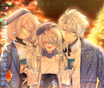 Rule 34 | 1boy, 2girls, :d, absurdres, antenna hair, blue coat, blue eyes, bow, braid, christmas lights, christmas tree, closed mouth, coat, colored eyelashes, commentary, commission, cup, english commentary, hair ornament, hair over one eye, hetero, heterochromia, highres, holding, holding cup, honkai: star rail, honkai (series), husband and wife, long hair, long sleeves, looking at another, looking at viewer, miroir (momisuyu), mixed-language commentary, momisuyu, multiple girls, oc x canon, open mouth, original, phainon (honkai: star rail), pink eyes, pointy ears, round eyewear, short hair, single braid, smile, star (symbol), star hair ornament, teeth, upper body, upper teeth only, very long hair, vietnamese commentary, white bow, white eyelashes, white hair, winter clothes