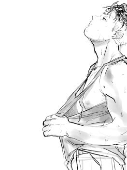 1boy closed_mouth highres male_focus miyagi_ryouta monochrome nipples pectorals profile sibelius slam_dunk_(series) solo sweat tank_top undercut upper_body white_background