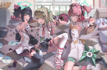 Rule 34 | 3girls, absurdres, ada53, angels of delusion, aqua streaks, aria (zenless zone zero), arm warmers, bandaid, bandaid hair ornament, bangboo (zenless zone zero), bare back, bare shoulders, black choker, black hair, black skirt, black thighhighs, blue hair, bow, choker, collared shirt, colored inner hair, crossed bangs, dress, earrings, eous (zenless zone zero), fur-trimmed skirt, fur-trimmed sleeves, fur trim, gloves, green bow, green hair, green halo, hair between eyes, hair ornament, halo, highres, holding, holding megaphone, jewelry, leg warmers, looking at viewer, megaphone, multicolored hair, multicolored leg warmers, multiple girls, multiple thigh straps, musical note earrings, nangong yu, necktie, pink arm warmers, pink bag, pink gloves, pink hair, pink leg warmers, red eyes, red necktie, scar, scar on back, shirt, sitting, skirt, streaked hair, striped arm warmers, striped leg warmers, sunna (zenless zone zero), thigh strap, thighhighs, v, v over eye, white dress, white shirt, white wings, wings, y2k fashion, zenless zone zero