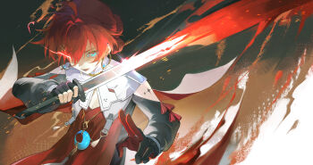 1girl absurdres aqua_eyes arm_cutout black_gloves breasts chinese_commentary cleavage clothing_cutout collar commentary_request danjin_(wuthering_waves) earrings eye_trail gloves glowing glowing_eyes hair_intakes highres holding holding_sword holding_weapon hoop_earrings jewelry light_trail liuleiwowotou looking_at_viewer open_mouth red_hair red_tabard shaded_face short_hair small_breasts solo sword tabard tacet_mark_(wuthering_waves) weapon white_collar wuthering_waves