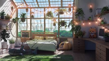 3d absurdres bed blanket blender_(medium) blue_sky building cable carpet cat commentary day desk electrical_outlet english_commentary foxeleos highres indoors computer_keyboard light_bulb monitor computer_mouse mousepad_(object) no_humans open_window original photoshop_(medium) pillow plant radiator scenery sky string stuffed_animal stuffed_toy wall watermark window wooden_floor