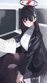 1girl absurdres black_hair black_jacket black_pantyhose black_skirt blazer blue_archive blunt_bangs blush breasts chinese_commentary commentary computer_keyboard crossed_legs hair_ornament hairclip halo highres jacket large_breasts long_hair monitor pantyhose pleated_skirt red_eyes rio_(blue_archive) sitting skirt solo sweater turtleneck turtleneck_sweater very_long_hair white_sweater zhihuigugudegezi