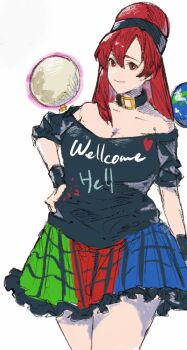 1girl bare_shoulders black_shirt blue_skirt breasts cleavage closed_eyes collar collarbone green_skirt hand_on_own_hip hat hecatia_lapislazuli long_hair multicolored_skirt off-shoulder_shirt off_shoulder oftooon plaid_clothes plaid_skirt red_eyes red_hair red_hat red_skirt shirt short_sleeves simple_background skirt solo touhou white_background wrist_cuffs