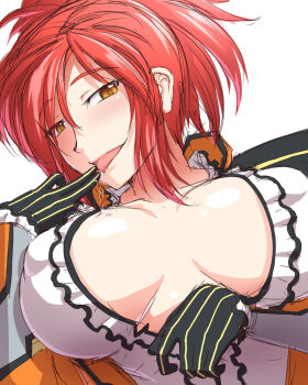 1girl azanami_(pso2) black_gloves blush breasts breasts_apart cleavage commentary_request covered_erect_nipples frilled_shirt_collar frilled_sleeves frills gloves hair_between_eyes highres jacket large_breasts looking_at_viewer orange_eyes phantasy_star phantasy_star_online_2 ponytail red_hair saliva shirt short_hair smile solo striped_clothes striped_gloves taro tongue tongue_out upper_body vertical-striped_clothes vertical-striped_gloves white_shirt