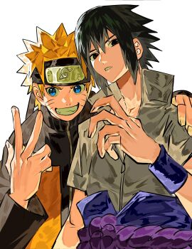 2boys black_eyes black_hair blonde_hair blue_eyes facial_mark forehead_protector grey_shirt grin hair_between_eyes hashtag-only_commentary highres jumpsuit konohagakure_symbol looking_at_viewer male_focus multiple_boys naruto_(series) naruto_shippuuden orange_jumpsuit partially_unzipped purple_rope rope rope_belt shirt short_hair simple_background smile uchiha_sasuke uzumaki_naruto v whisker_markings white_background xi_luo_an_ya zipper zipper_pull_tab