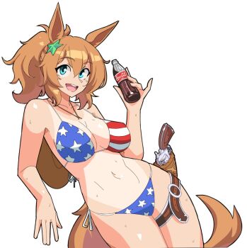 1girl american_flag american_flag_bikini american_flag_print animal_ears aqua_eyes bikini bottle breasts brown_hair brown_hat commentary english_commentary flag_print flag_print_bikini gun hair_ornament hat hat_on_back high_ponytail highres holding holding_bottle horse_ears horse_girl horse_tail looking_at_viewer multicolored_bikini open_mouth ponytail print_bikini simple_background solo star_(symbol) star_hair_ornament sweat swimsuit taiki_shuttle_(umamusume) tail teeth thigh_strap umamusume vee_(427deer) weapon wet white_background