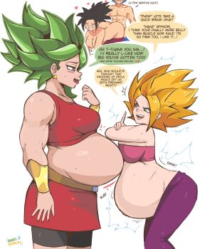 1boy 3girls absurdres arbrianarchy ass belly blush breasts caulifla dragon_ball dragon_ball_super earrings english_text heart hetero highres jewelry kale_(dragon_ball) kefla_(dragon_ball) legendary_super_saiyan multiple_girls muscular muscular_female nipples potara_earrings pregnant sex speech_bubble super_saiyan super_saiyan_blue vegetto