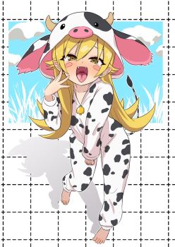 1girl animal_costume animal_ears barefoot bell blonde_hair blue_sky blush blush_stickers cloud cloudy_sky collarbone cosplay cow_costume cow_hood cow_tail dot_nose fake_animal_ears fake_tail fangs flat_chest flipped_hair foot_up from_above full_body grass grid_background hair_between_eyes hair_flaps hair_over_shoulder hand_on_own_cheek hand_on_own_face highres hood hood_up kigurumi long_hair long_sleeves looking_at_viewer monogatari_(series) narrowed_eyes naughty_face open_mouth oshino_shinobu pointy_ears raised_eyebrow ringed_eyes shadow sidelocks sky solo standing tail tongue tongue_out two-sided_fabric uvula very_long_hair white_background yellow_eyes yoshikirino