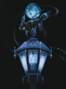 alternate_color animal_focus black_fur candle colored_sclera commentary_request fire full_moon gen_2_pokemon highres lamppost moon nintendo no_humans pokemon pokemon_(creature) pokemon_focus reo_(mmocc123) shiny_pokemon solo tail umbreon yellow_sclera