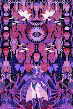 Rule 34 | 1girl, absurdres, bare legs, bird, blue boots, boku (isizakitakasi), boots, bright pupils, commentary request, dress, egasumi, fire, flower, flower on head, food, food print, fruit, fruit print, grape print, grapes, highres, leaf, lobelia (flower), long hair, looking at viewer, lotus, one eye covered, parted lips, praying, purple dress, purple eyes, purple fire, purple flower, purple theme, ribs, side slit, skeleton, skull, smile, solo, spine, thigh strap, touhou, very long hair, vine print, white pupils, yomotsu hisami