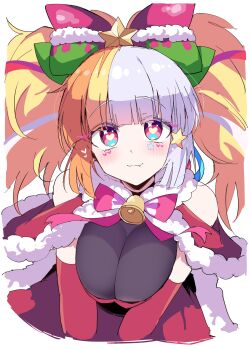 1girl absurdres bare_shoulders bell blonde_hair blush breasts cleavage elbow_gloves from_below gloves hair_ornament hair_ribbon heart heart_in_eye highres himiya_jouzu huge_breasts jack_the_ripper_(monster_strike) monster_strike multicolored_hair multiple_views pink_eyes ribbon santa_costume simple_background solo symbol_in_eye twintails two-tone_hair white_background white_hair