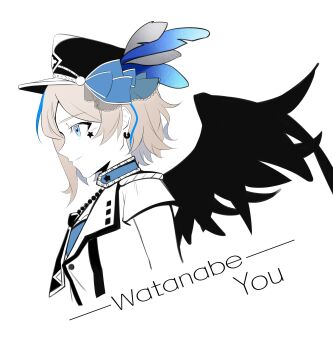 1girl absurdres achin_(putsi_2025) blue_eyes blue_hair brown_hair character_name feathers from_side grey_hair hat hat_feather highres looking_to_the_side love_live! love_live!_sunshine!! multicolored_hair short_hair short_sleeves simple_background solo streaked_hair upper_body watanabe_you white_background wings