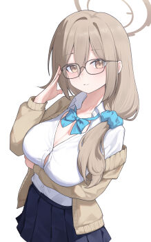 1girl absurdres adjusting_eyewear akane_(blue_archive) arm_under_breasts black-framed_eyewear blue_archive blue_bow blue_bowtie blue_scrunchie blue_skirt bow bowtie breasts brown_cardigan brown_eyes brown_hair brown_halo button_gap cardigan cleavage closed_mouth collared_shirt commentary_request dress_shirt glasses hair_between_eyes hair_ornament hair_over_shoulder hair_scrunchie halo highres large_breasts light_blush lishu_(2013547716) long_hair long_sleeves looking_at_viewer off_shoulder open_cardigan open_clothes partially_unbuttoned pleated_skirt school_uniform scrunchie shirt simple_background skirt solo split_mouth white_background white_shirt