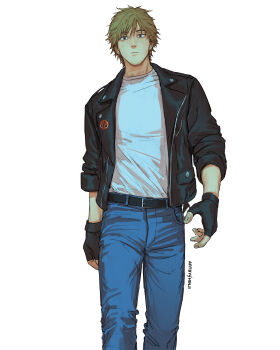1boy absurdres aged_up artbyshinji artist_name belt belt_buckle biker_clothes black_belt black_gloves black_jacket blonde_hair buckle chainsaw_man closed_mouth commentary_request denim denji_(chainsaw_man) fingerless_gloves gloves highres jacket jeans leather leather_jacket looking_at_viewer male_focus pants pochita_(chainsaw_man) shirt short_hair simple_background sleeves_rolled_up solo standing walking white_background white_shirt