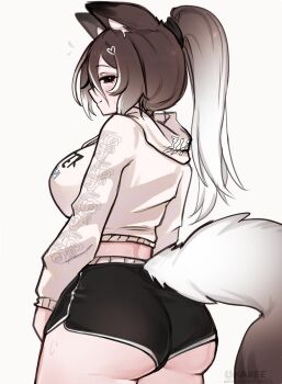 1girl animal_ears ass black_eyes black_shorts breasts brown_hair crop_top dolphin_shorts from_behind gradient_hair grey_hair highres hood hood_down hooded_jacket indie_virtual_youtuber jacket large_breasts long_hair multicolored_hair okariin okariin_(vtuber) ponytail print_jacket short_shorts shorts simple_background solo tail thighs underbutt virtual_youtuber white_background wolf_ears wolf_girl wolf_tail