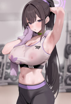 1girl absurdres armpits black_choker black_hair black_pants blue_archive blurry blurry_background breasts choker commentary covered_erect_nipples gym halo highres holding holding_towel indoors large_breasts long_hair looking_at_viewer midriff navel nipples onedoo open_mouth pants ponytail purple_eyes purple_halo solo sports_bra sumire_(blue_archive) towel very_long_hair white_sports_bra wiping_sweat yoga_pants