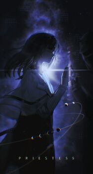 1girl 1other absurdres arknights black_coat black_hair black_hairband character_name closed_eyes closed_mouth coat commentary_request cowboy_shot doctor_(arknights) from_side hairband hand_up highres hood hood_up id_card long_hair long_sleeves priestess_(arknights) sakiyo sweater turtleneck turtleneck_sweater white_sweater